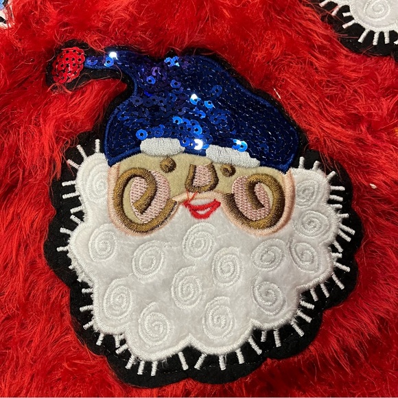 Soft Plush Fuzzy Christmas Sweater Vintage Inspired Sequins Santa Star Holiday - Picture 3 of 17